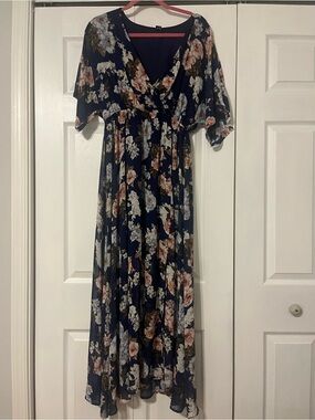 Navy Floral V-Neck Maxi Dress with Tie Waist and Flutter Sleeves